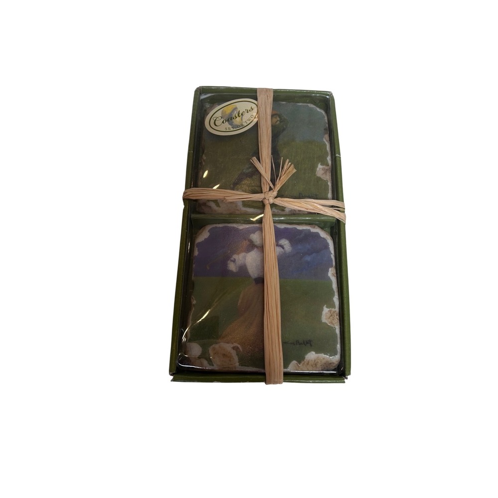 Guy Buffet Golf Stone Coasters Set of 2 Vintage Style Art Barware Gift‎ Boxed